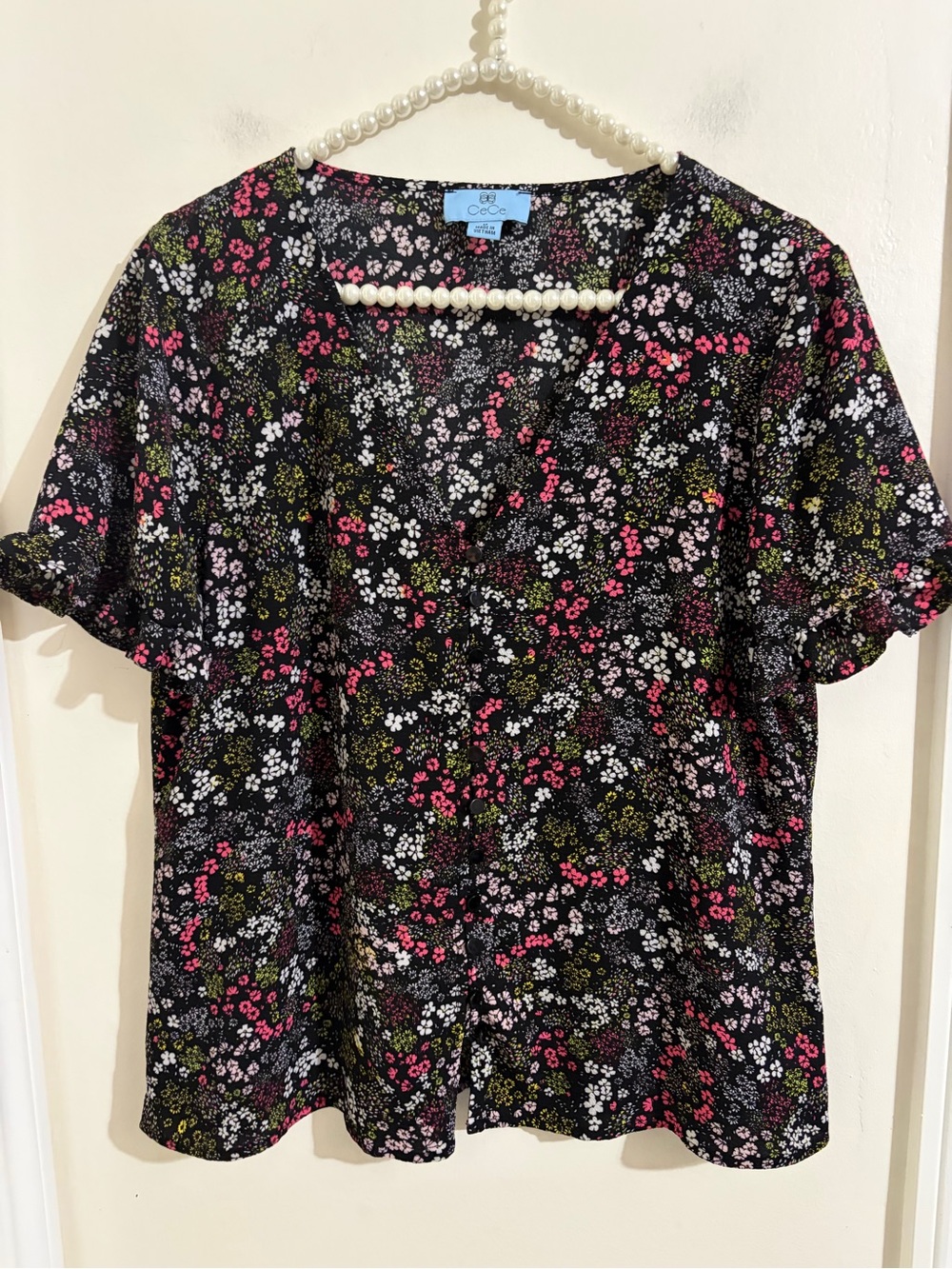 CeCe Black Floral V-Neck Short Sleeve Blouse with Pink and White Blooms